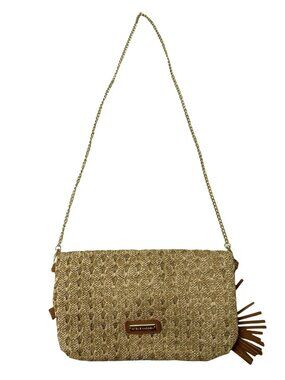 Steve Madden Woven Straw Crossbody Clutch Tan Gold Fold Over Bag